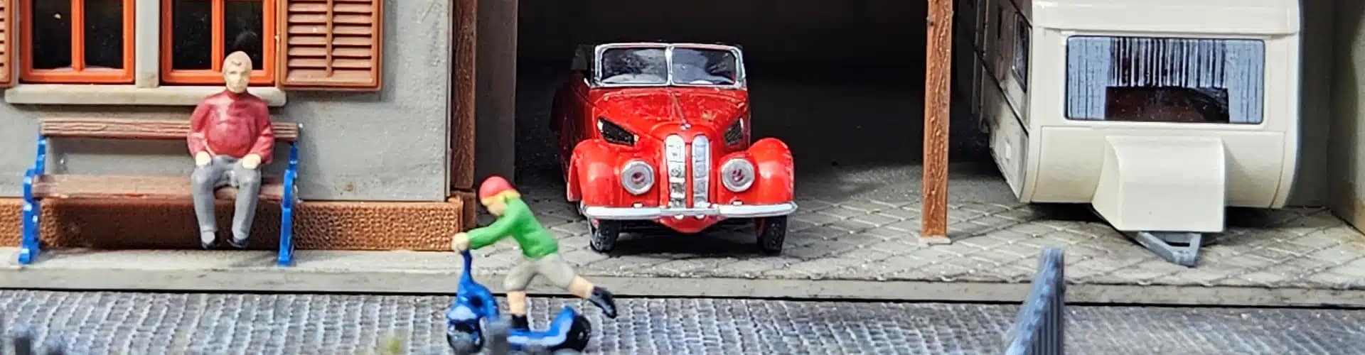 a toy car in a garage