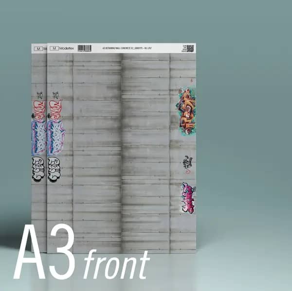 Modeltex Betonnen Keerwand 02 : Weathered met grafitti - A3 H0 1:87 1 Modeltex Betonnen Keerwand 02 : Weathered met grafitti - A3 H0 1:87
