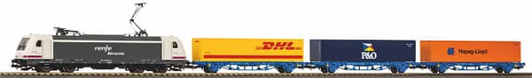 PIKO 96900 - Start-Set mit Bettung TRAXX RENFE mit 3 Containertragwagen (H0 2R)